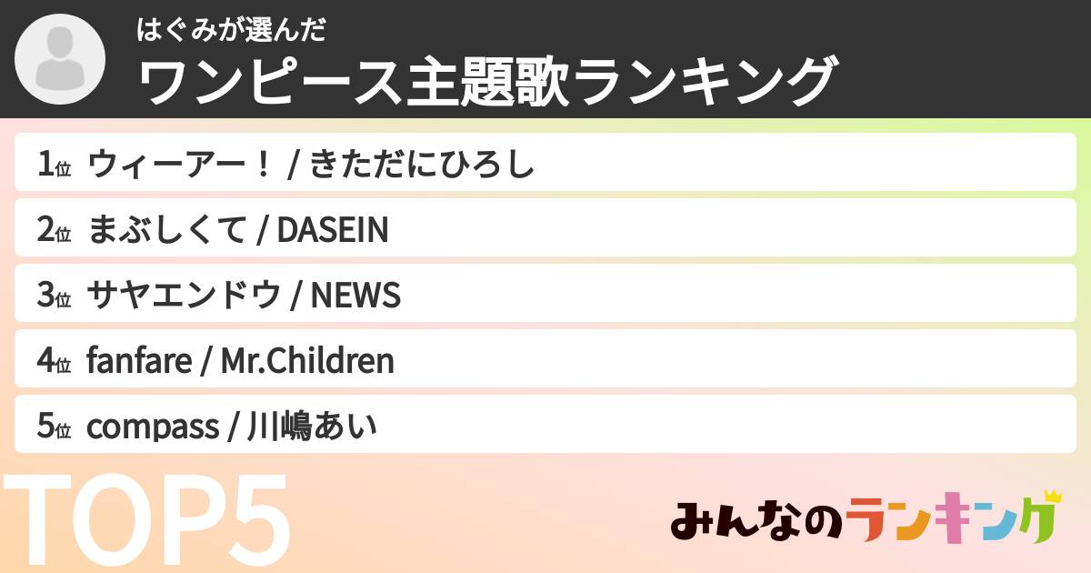 はぐみさんの「ワンピース主題歌ランキング」