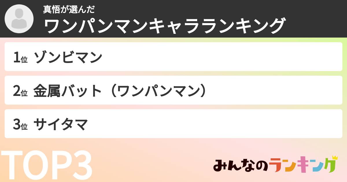 真悟さんの「ワンパンマンキャラランキング」