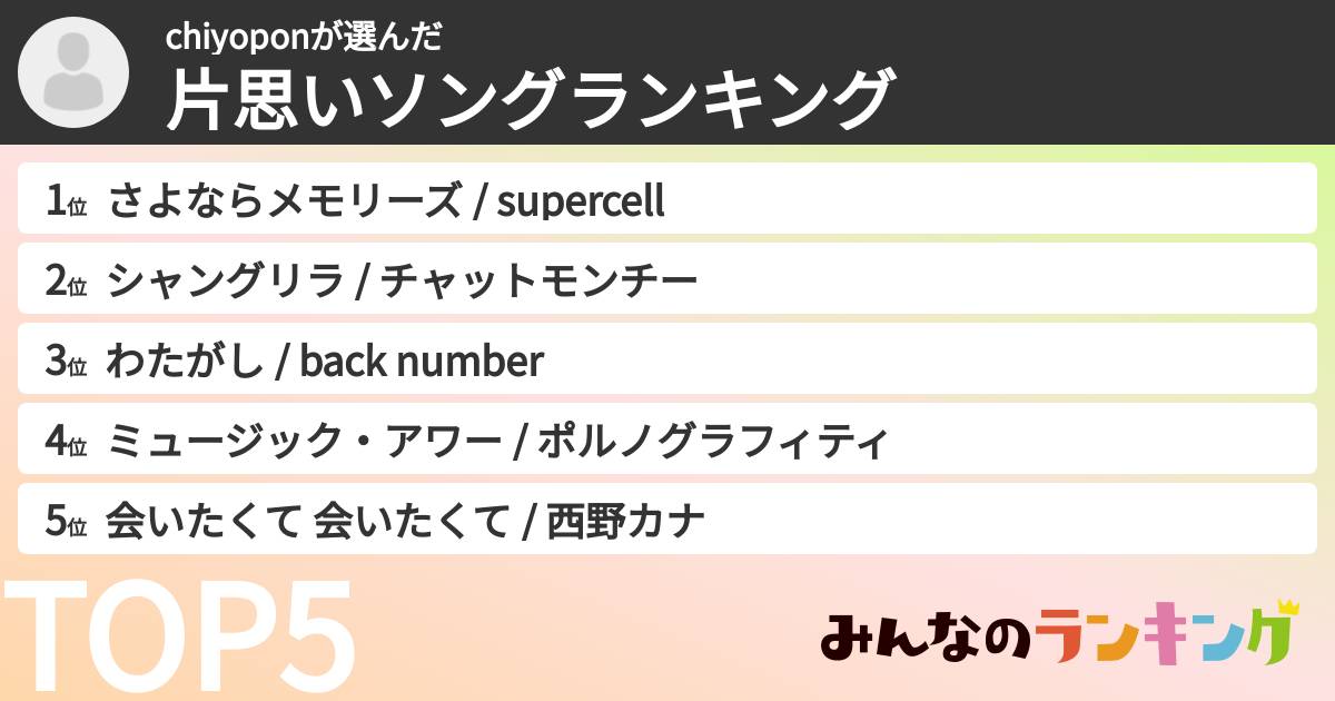 chiyoponさんの「片思いソングランキング」