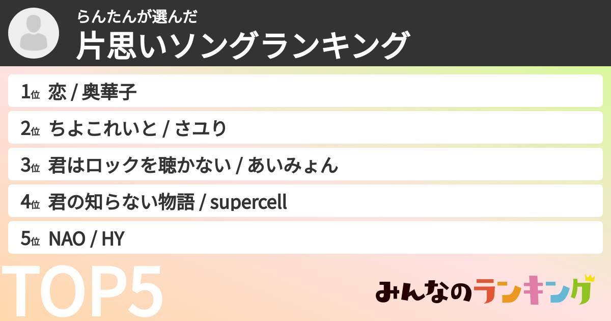 らんたんさんの「片思いソングランキング」