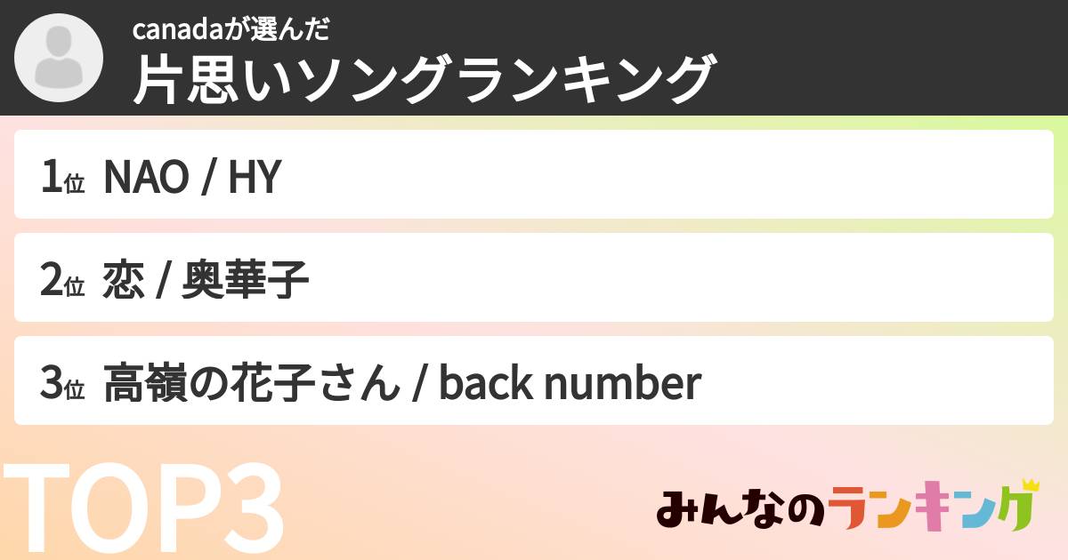 canadaさんの「片思いソングランキング」