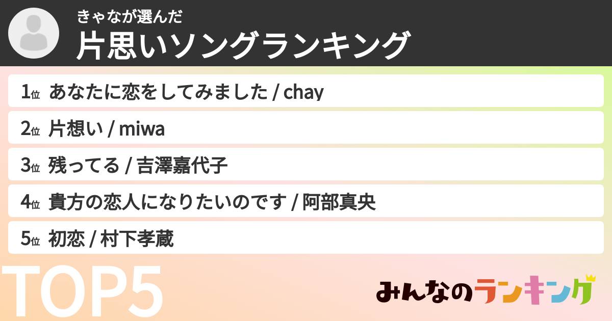 きゃなさんの「片思いソングランキング」
