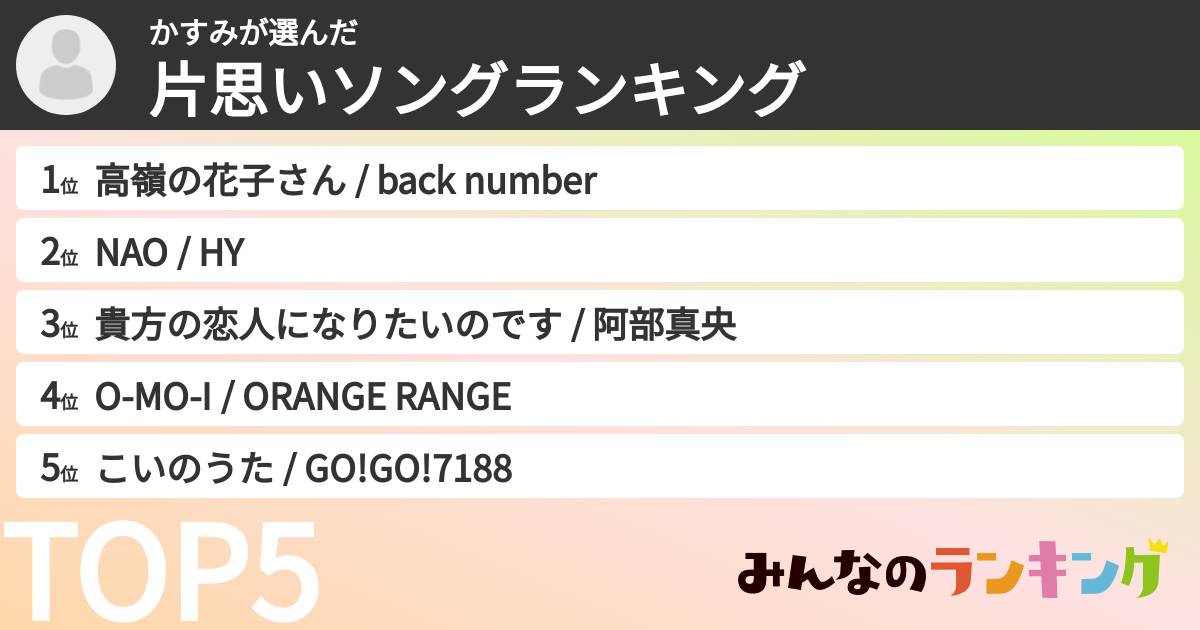 かすみさんの「片思いソングランキング」