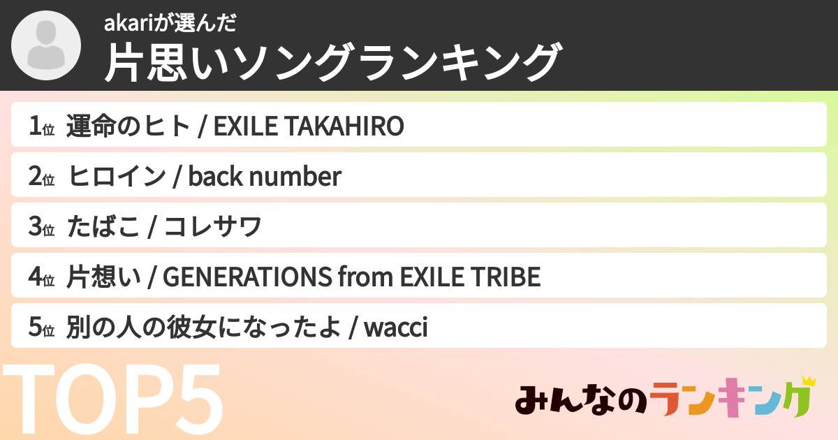 akariさんの「片思いソングランキング」