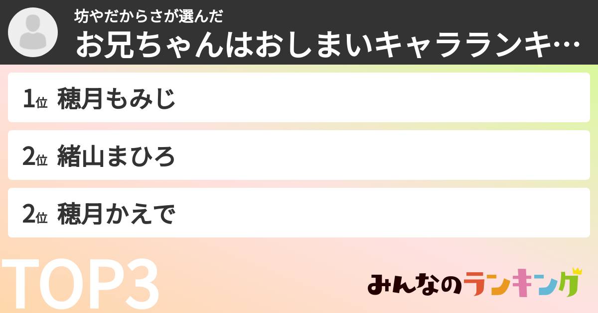 坊やだからささんの「お兄ちゃんはおしまいキャラランキング」