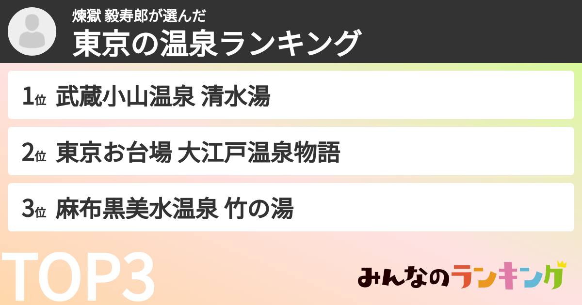 煉獄 毅寿郎さんの「東京の温泉ランキング」