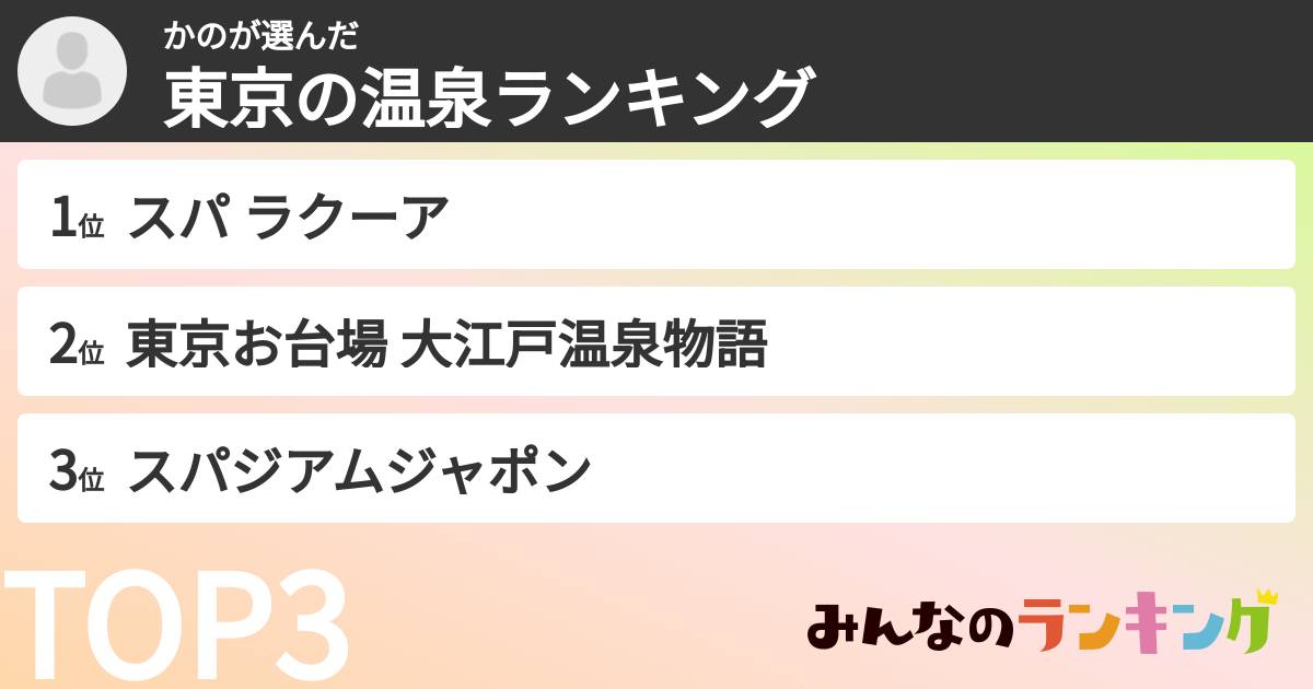 かのさんの「東京の温泉ランキング」