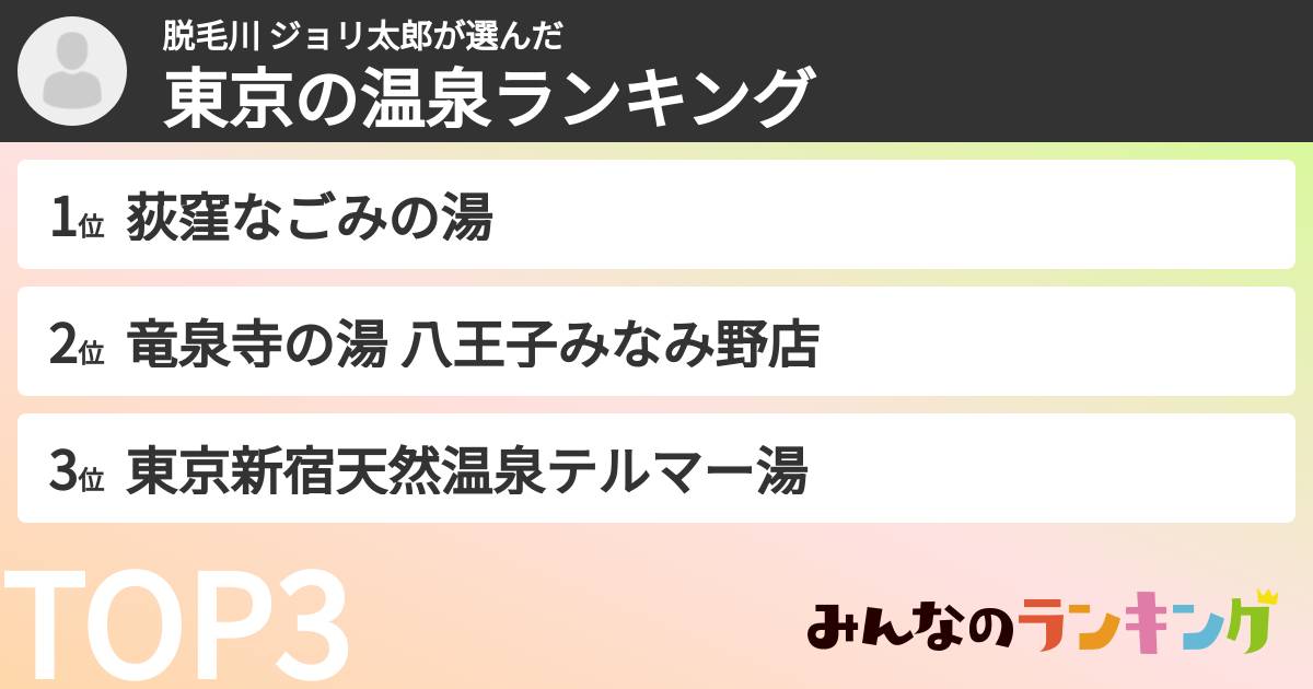 脱毛川 ジョリ太郎さんの「東京の温泉ランキング」