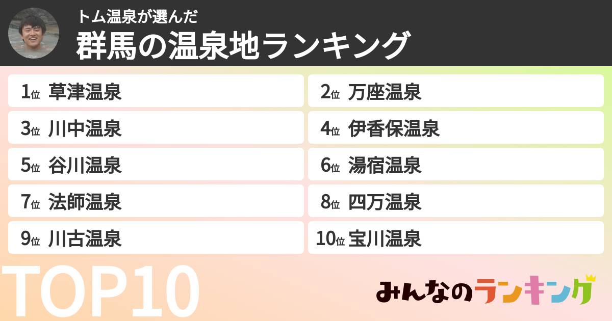トム温泉さんの「群馬の温泉地ランキング」