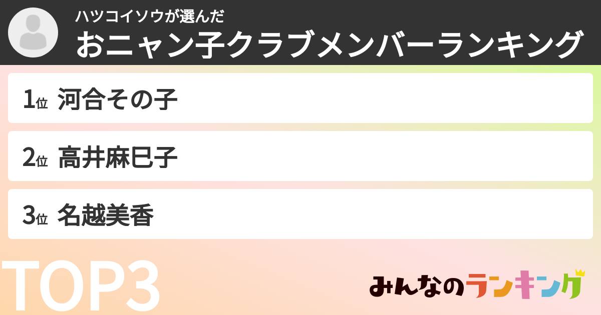 ハツコイソウさんの「おニャン子クラブメンバーランキング」