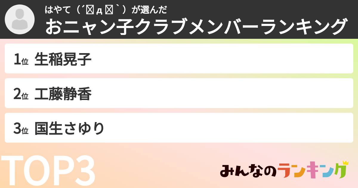 はやて(´◕ д ◕`)さんの「おニャン子クラブメンバーランキング」