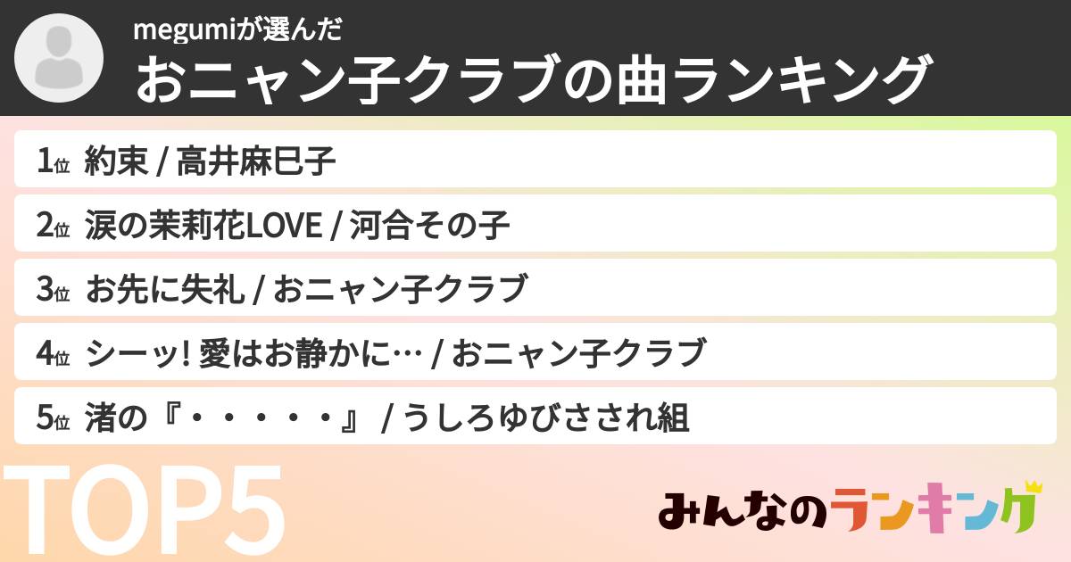 megumiさんの「おニャン子クラブの曲ランキング」