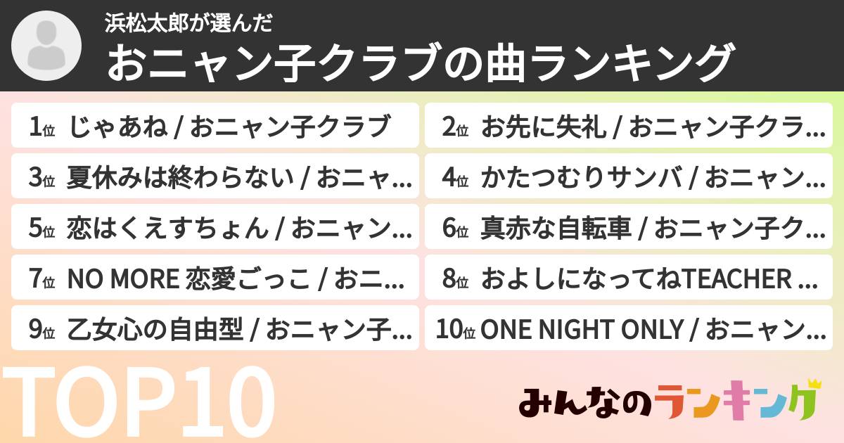 浜松太郎さんの「おニャン子クラブの曲ランキング」