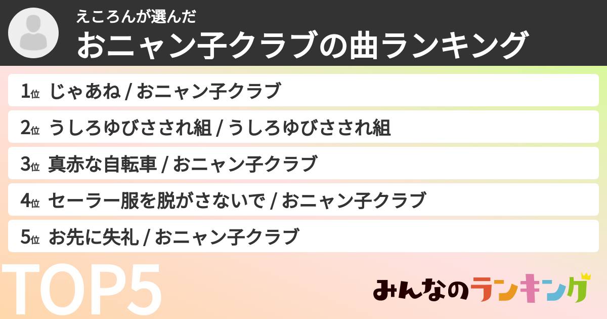 えころんさんの「おニャン子クラブの曲ランキング」