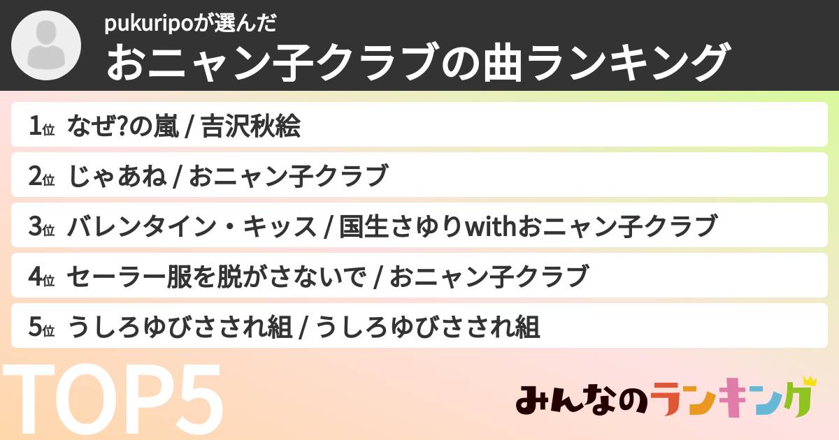 pukuripoさんの「おニャン子クラブの曲ランキング」