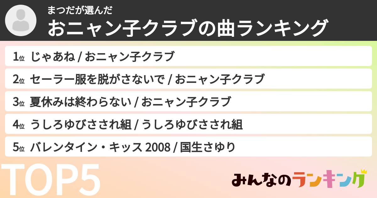 まつださんの「おニャン子クラブの曲ランキング」