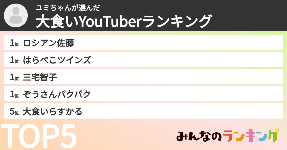 ユミちゃんさんの「大食いYouTuberランキング」
