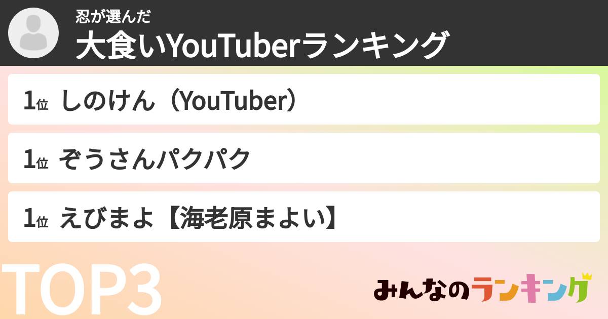 忍さんの「大食いYouTuberランキング」