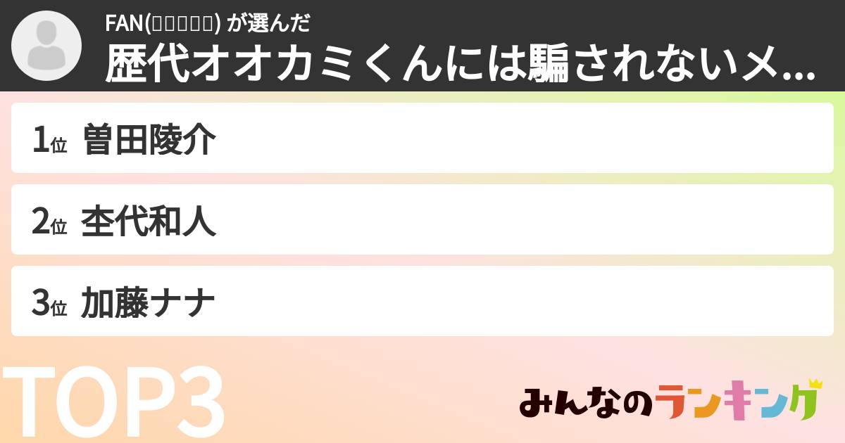 FAN(๑❛ꆚ❛๑) さんの「歴代オオカミくんには騙されないメンバーランキング」