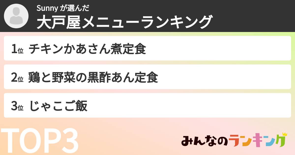 Sunny さんの「大戸屋メニューランキング」
