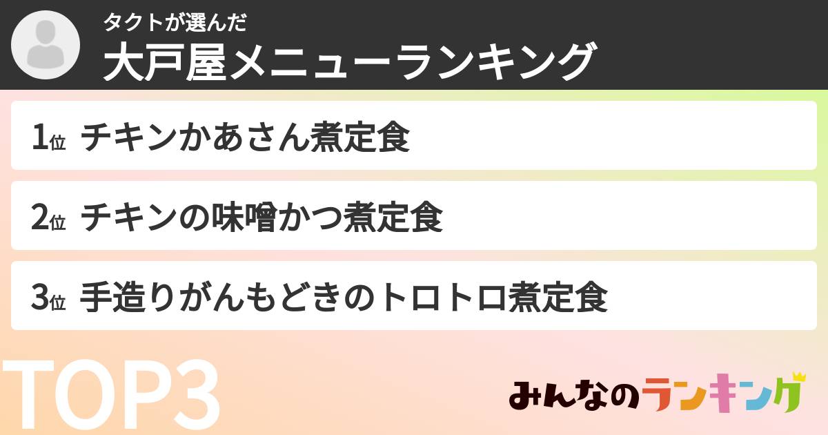 タクトさんの「大戸屋メニューランキング」