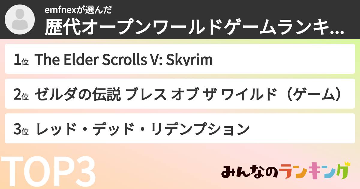 emfnexさんの「歴代オープンワールドゲームランキング」