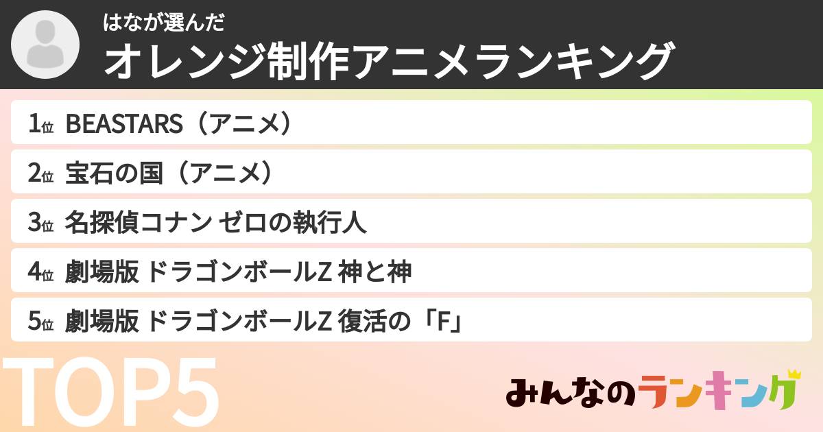 はなさんの「オレンジ制作アニメランキング」