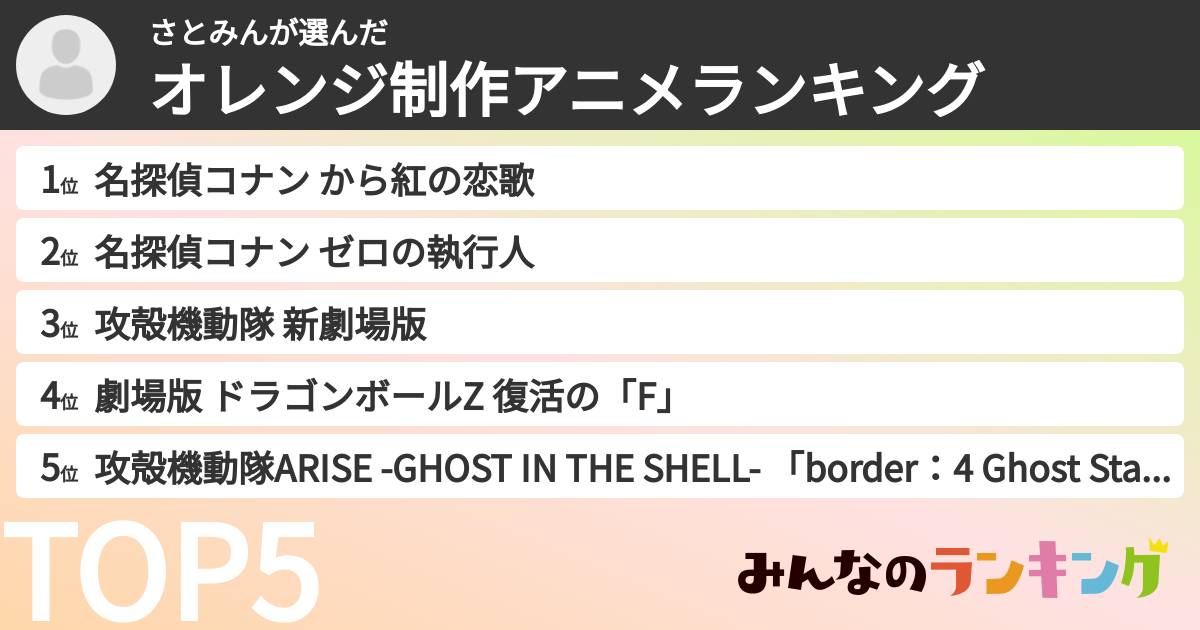 さとみんさんの「オレンジ制作アニメランキング」