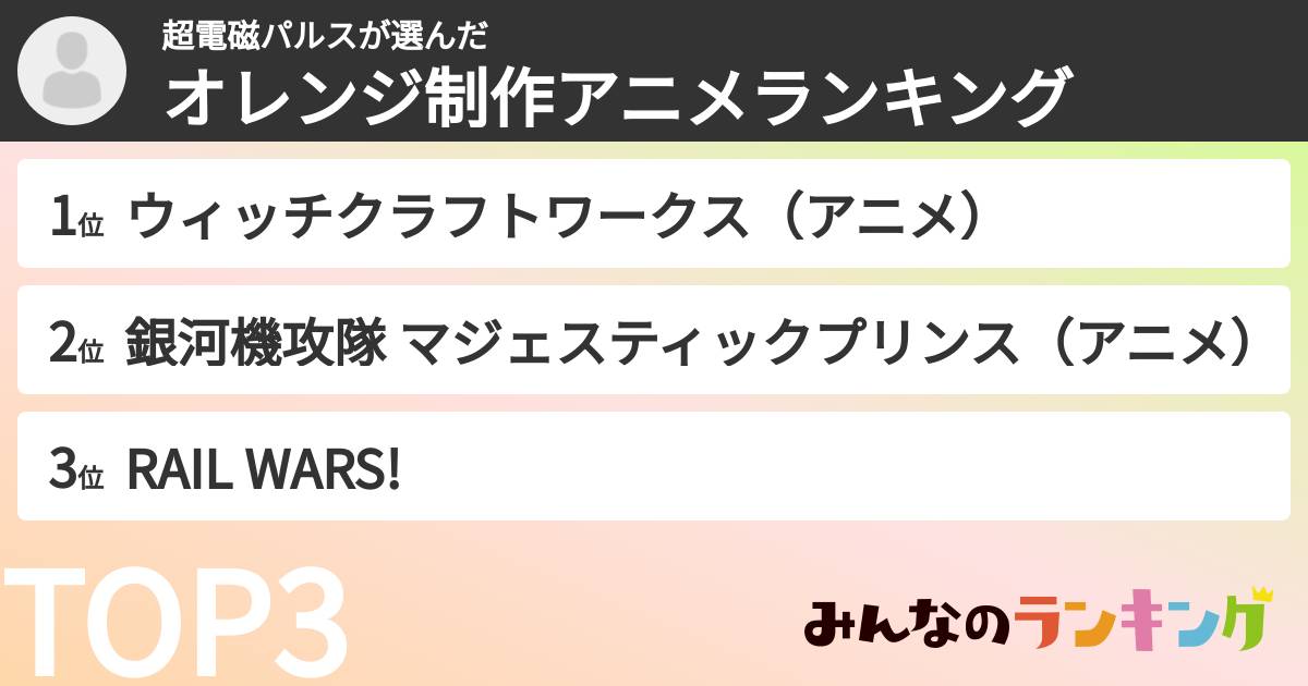 超電磁パルスさんの「オレンジ制作アニメランキング」