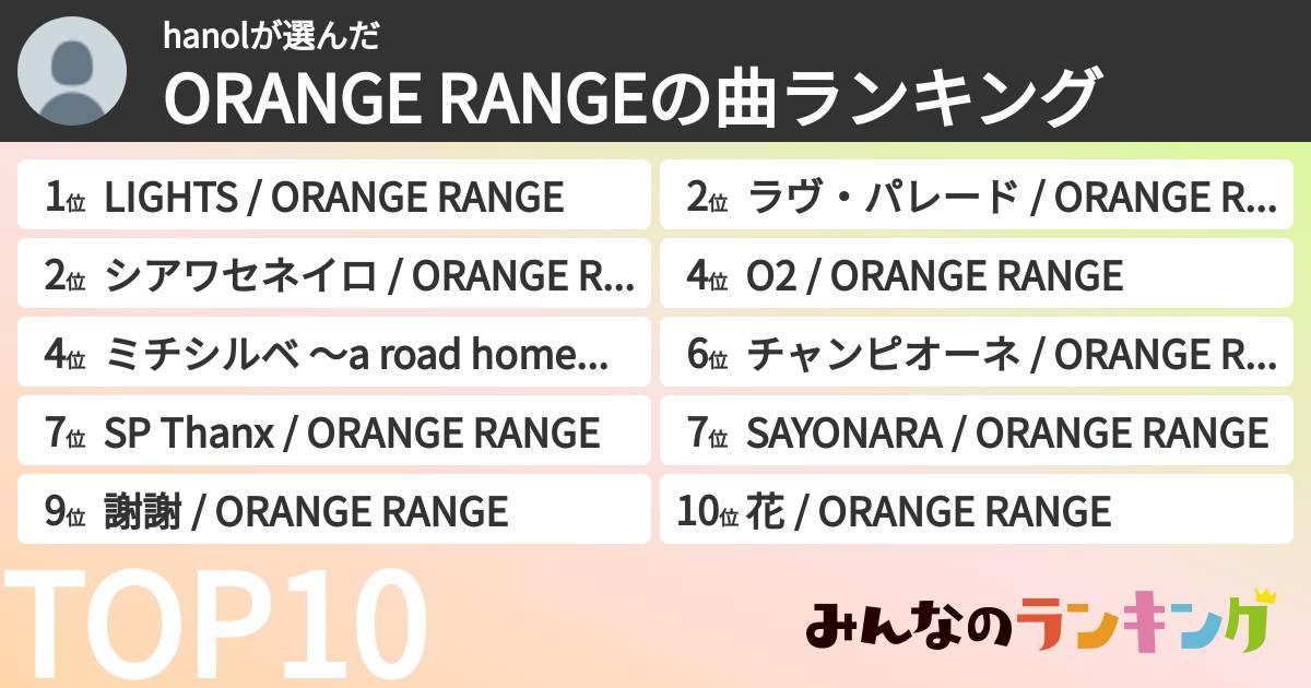 hanolさんの「ORANGE RANGEの曲ランキング」