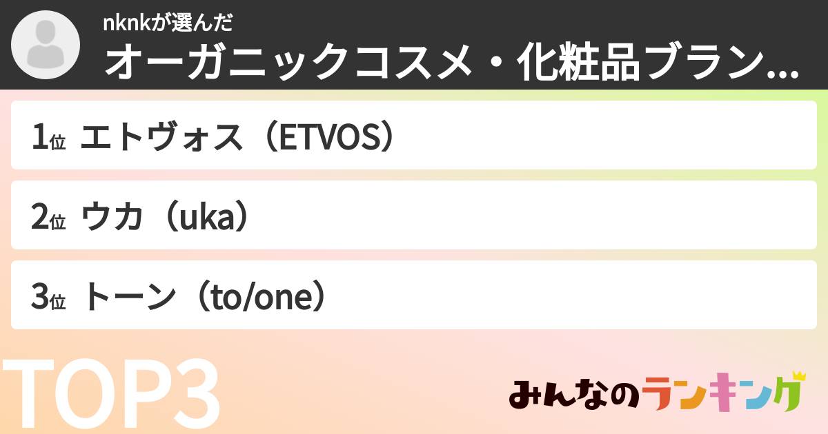 nknkさんの「オーガニックコスメ・化粧品ブランドランキング」