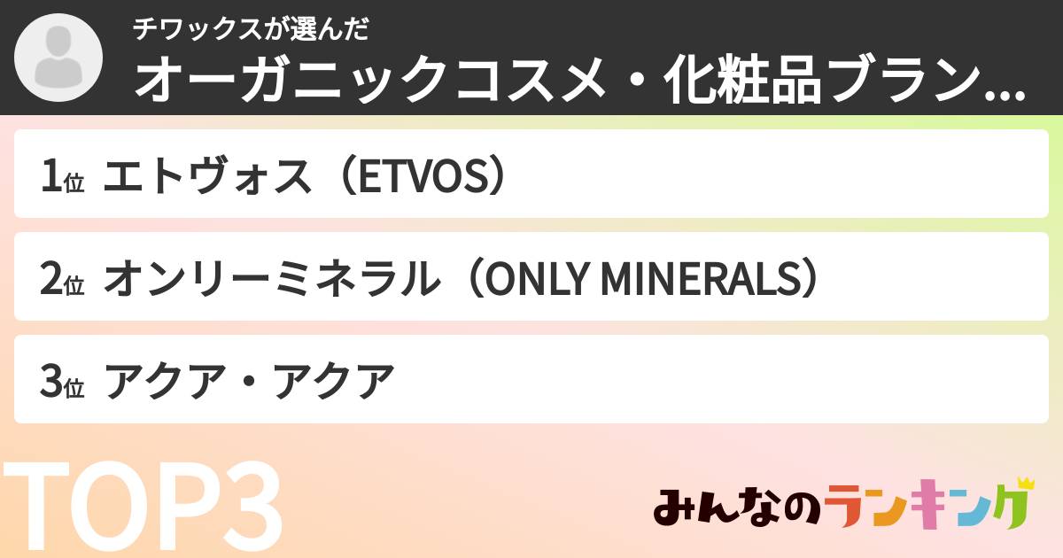 チワックスさんの「オーガニックコスメ・化粧品ブランドランキング」