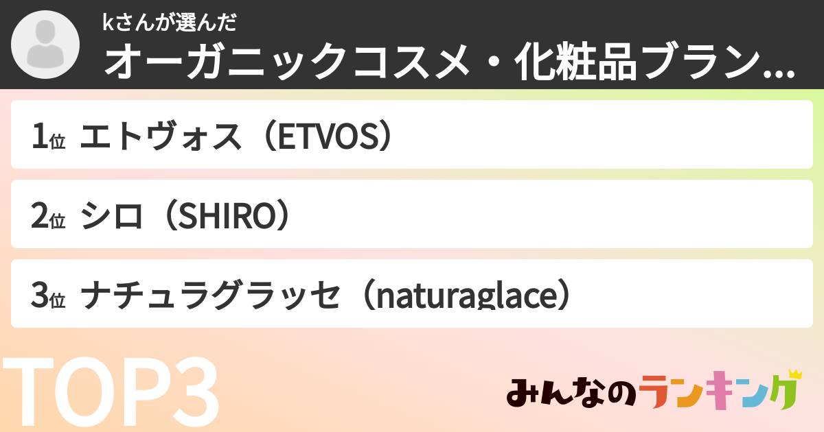 kさんさんの「オーガニックコスメ・化粧品ブランドランキング」