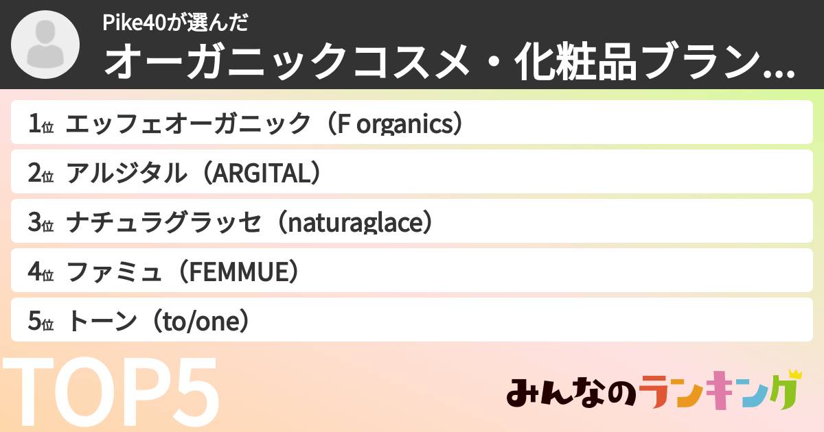 Pike40さんの「オーガニックコスメ・化粧品ブランドランキング」