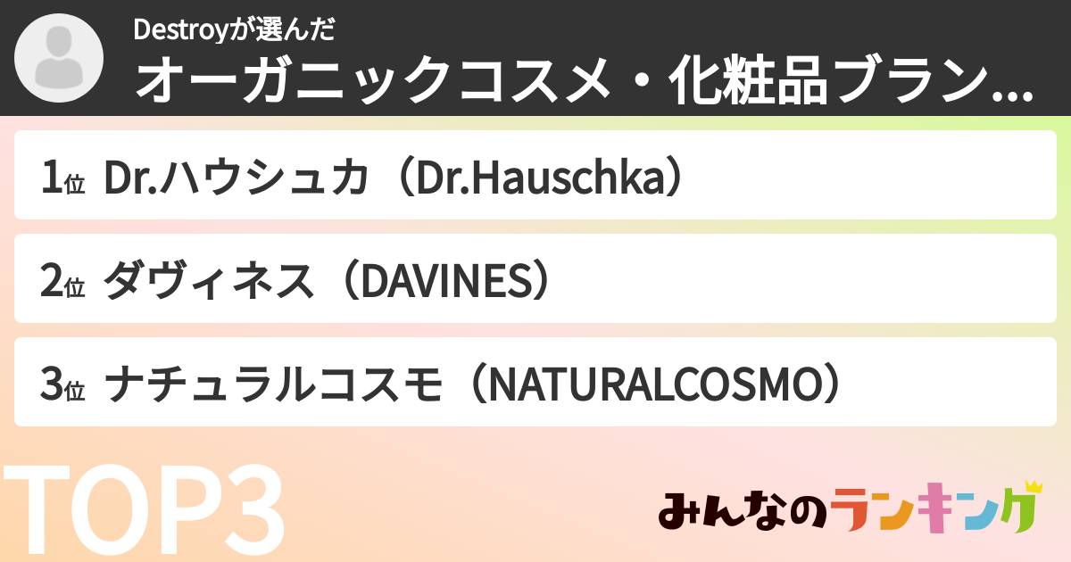 Destroyさんの「オーガニックコスメ・化粧品ブランドランキング」