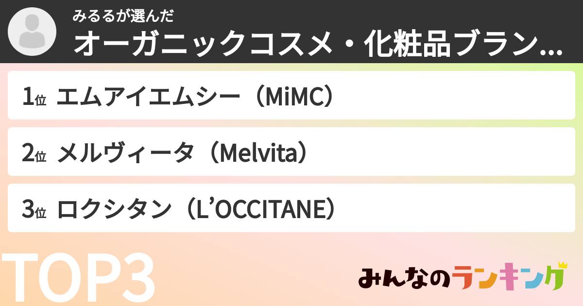 みるるさんの「オーガニックコスメ・化粧品ブランドランキング」