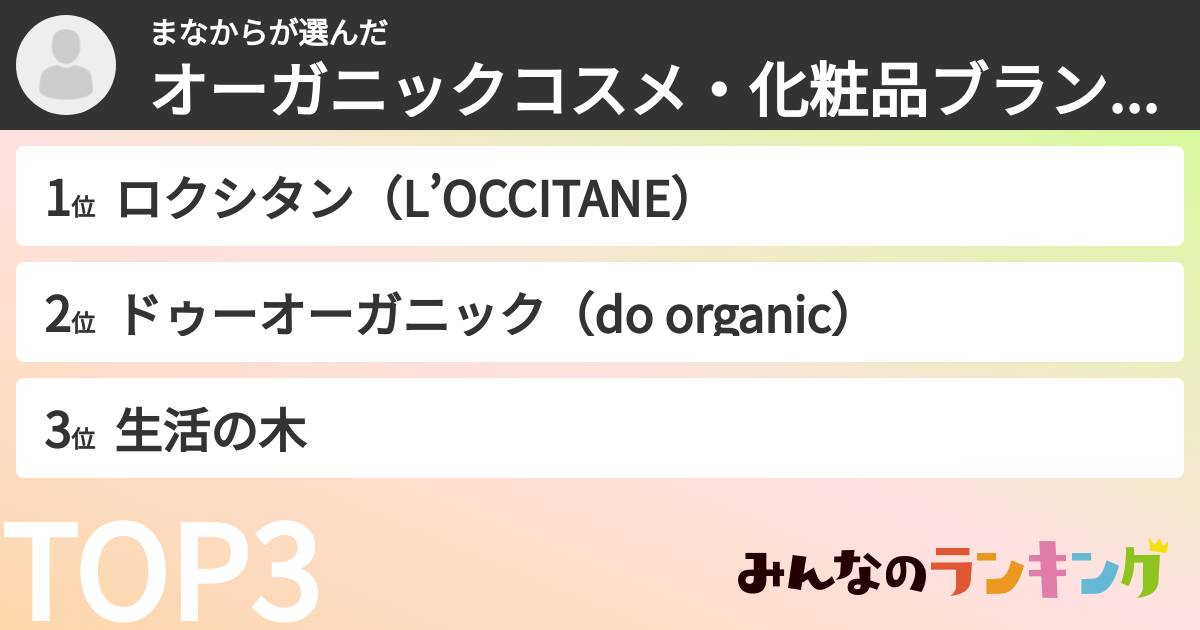 まなからさんの「オーガニックコスメ・化粧品ブランドランキング」