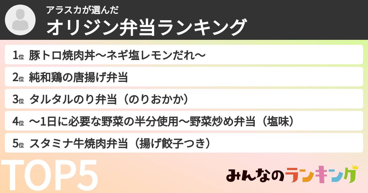アラスカさんの「オリジン弁当ランキング」