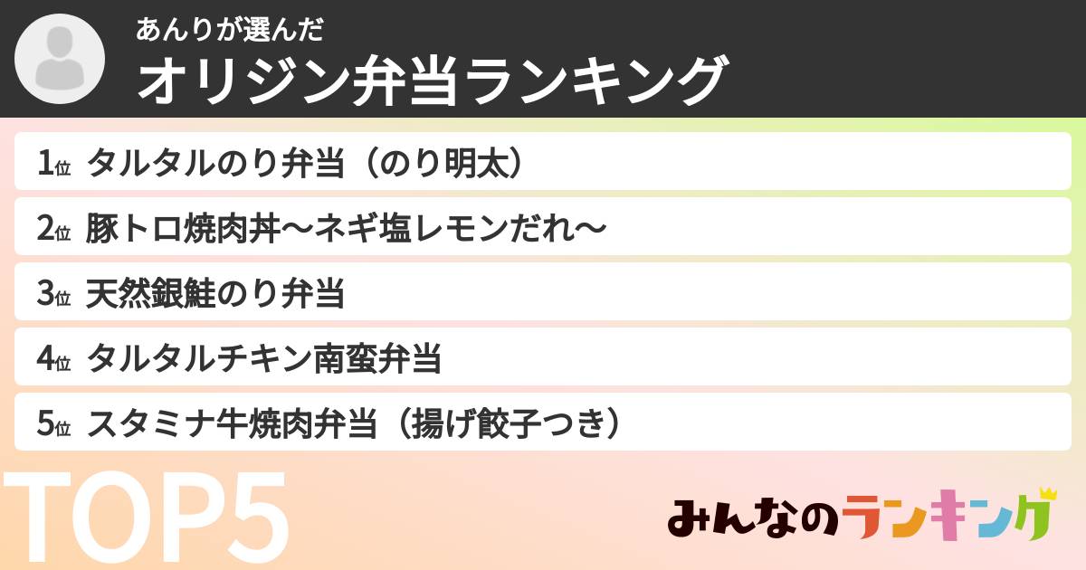 あんりさんの「オリジン弁当ランキング」