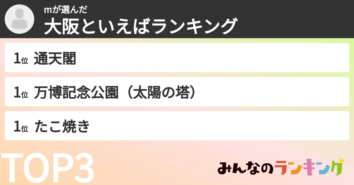 mさんの「大阪といえばランキング」