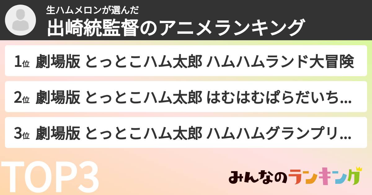 生ハムメロンさんの「出崎統監督のアニメランキング」