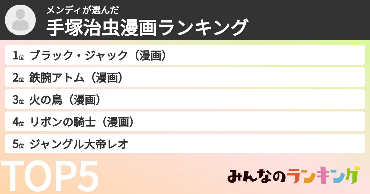 メンディさんの「手塚治虫漫画ランキング」
