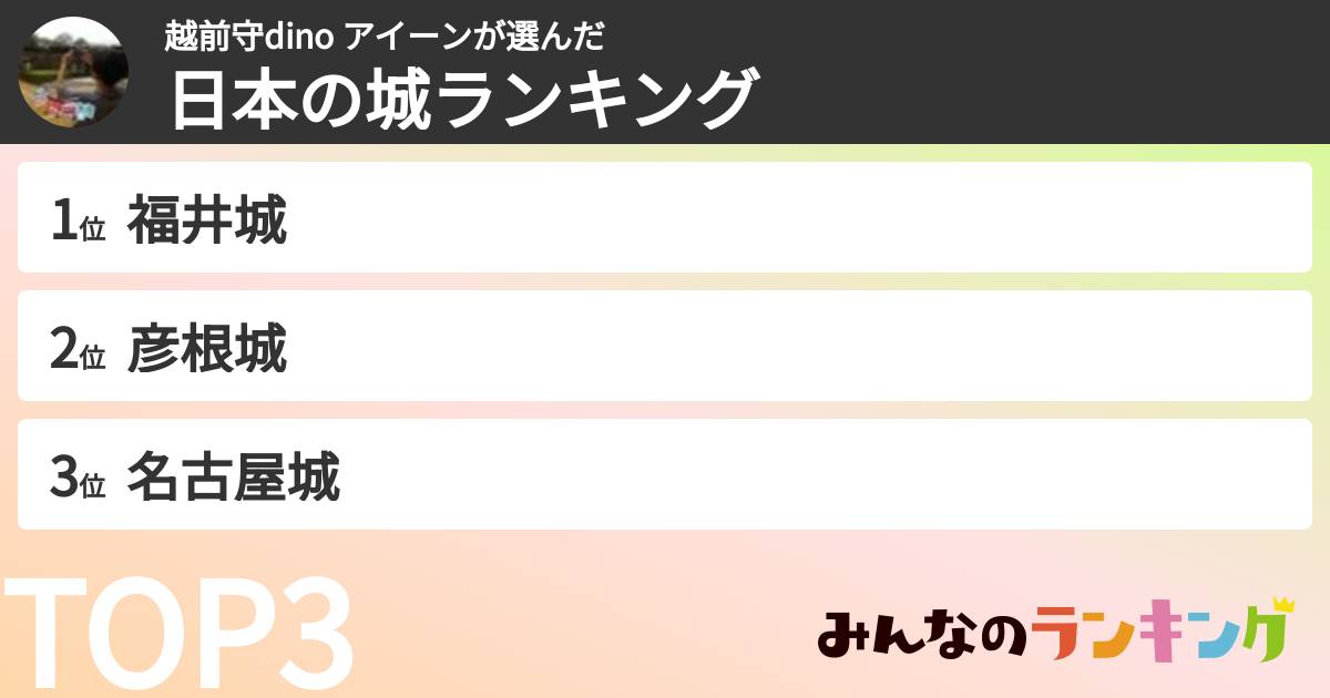 越前守dino アイーンさんの「日本の城ランキング」