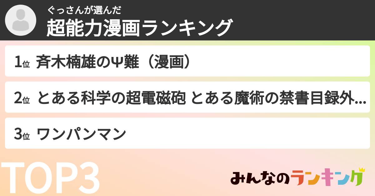ぐっさんさんの「超能力漫画ランキング」
