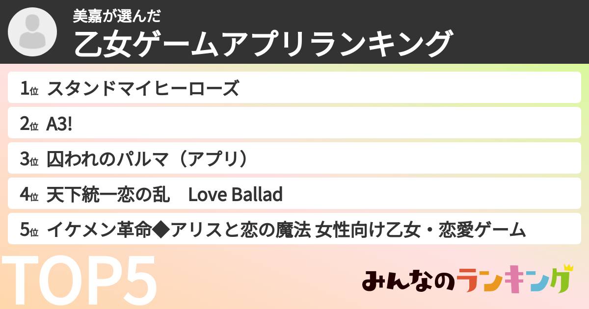 美嘉さんの「乙女ゲームアプリランキング」