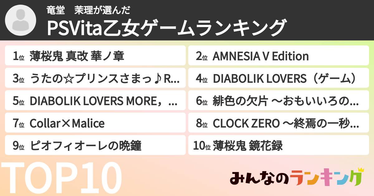 竜堂 茉理さんの「PSVita乙女ゲームランキング」