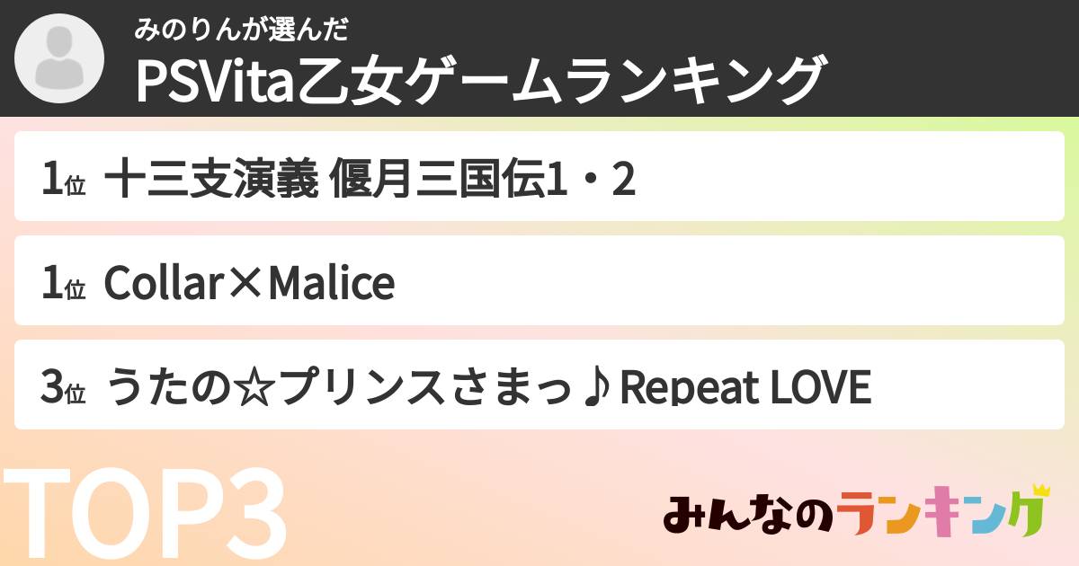 みのりんさんの「PSVita乙女ゲームランキング」