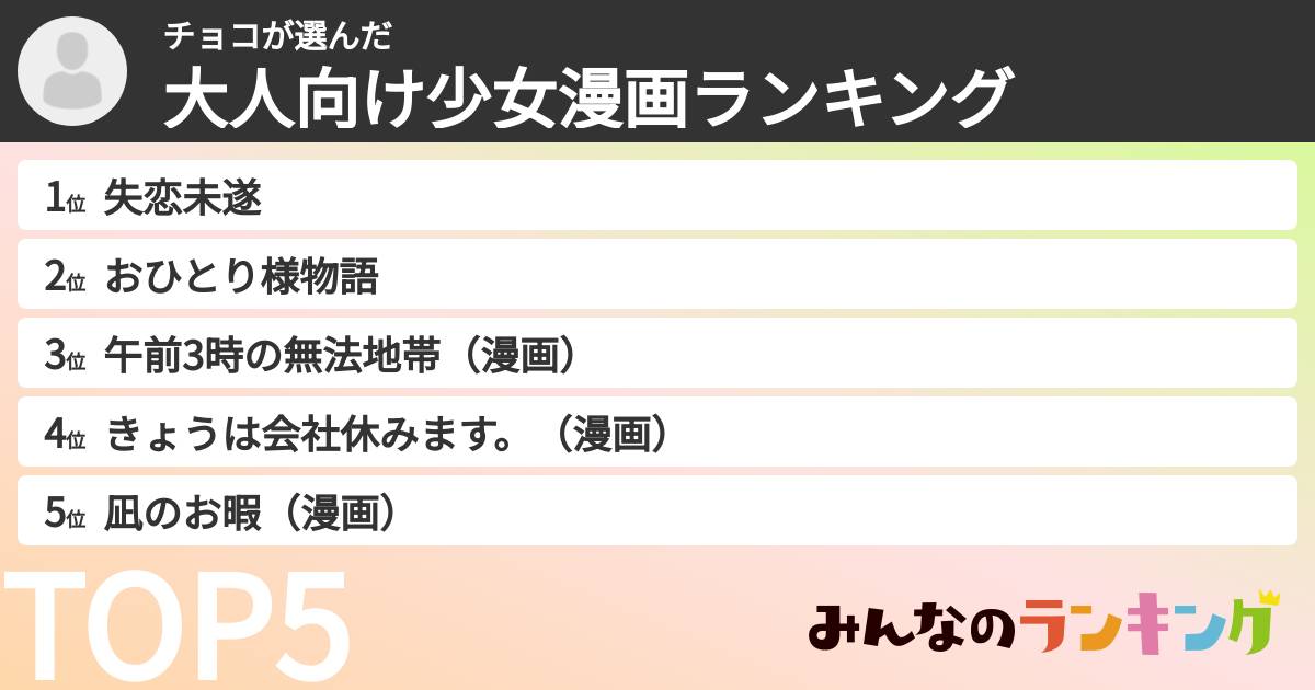チョコさんの「大人向け少女漫画ランキング」
