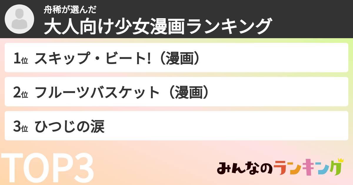 舟稀さんの「大人向け少女漫画ランキング」
