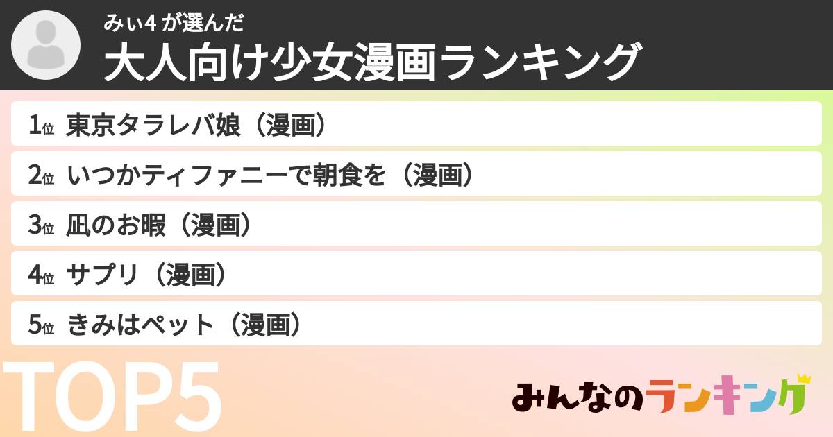 みぃ4 さんの「大人向け少女漫画ランキング」